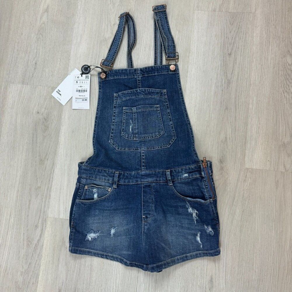 ZARA Trafaluc Denim Overall Shortalls Size Small Medium Wash - Picture 2 of 4